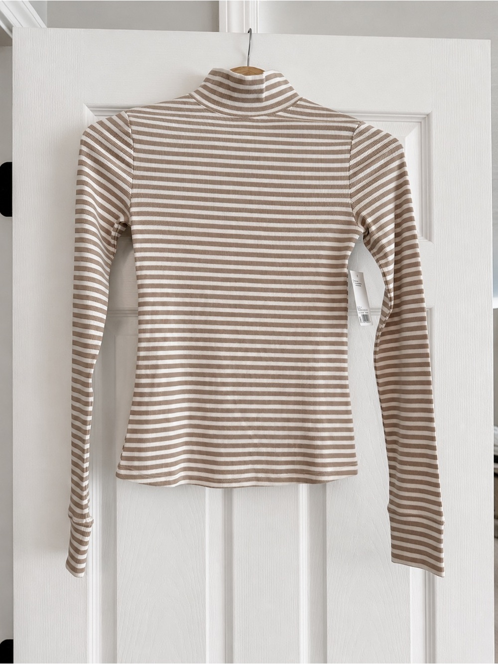 SO Beige and White Striped Ribbed Turtleneck Long Sleeve Top